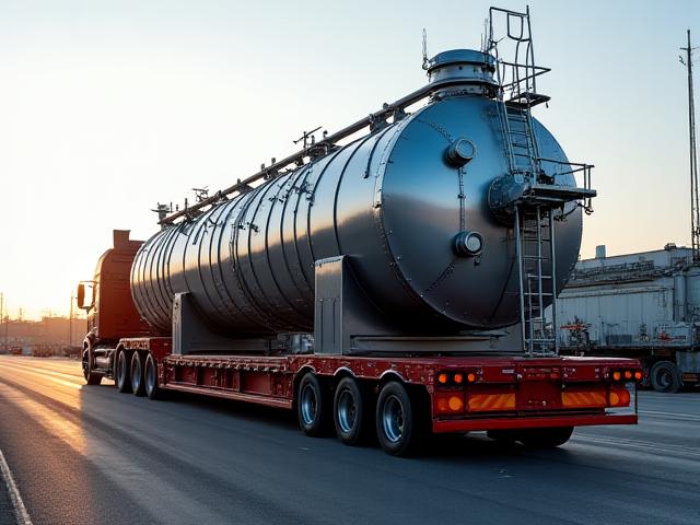 Lowboy trailer carrying an industrial turbine component