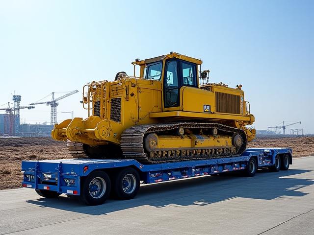 RGN trailer with a large excavator loaded