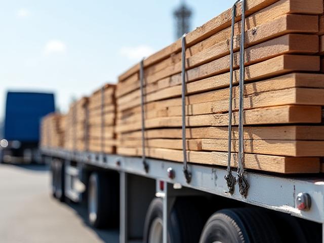 Standard flatbed trailer carrying construction lumber