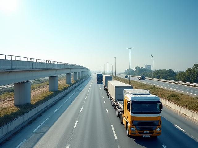 Large concrete structural components being moved on a highway
