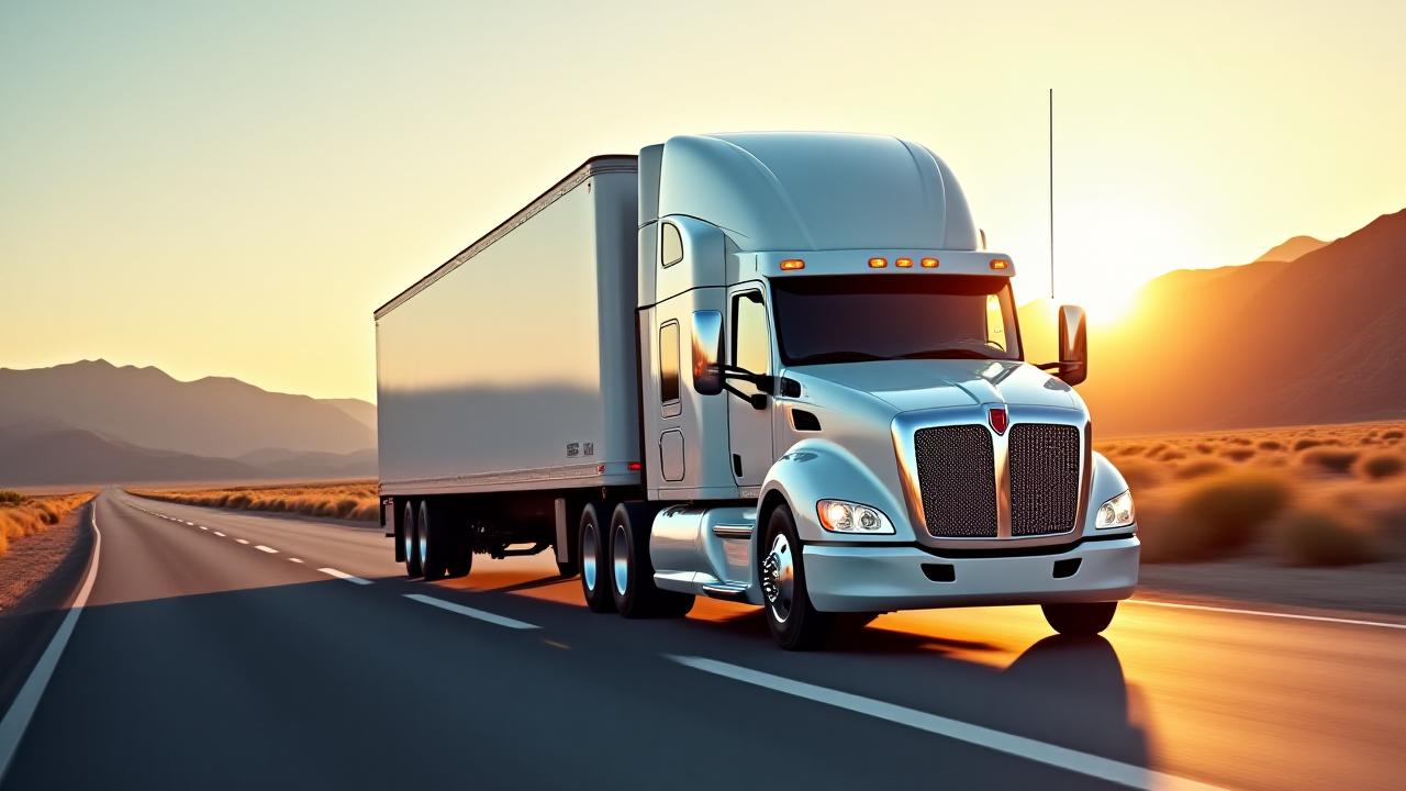 Modern Grizzly Allen refrigerated truck on a scenic highway at dawn