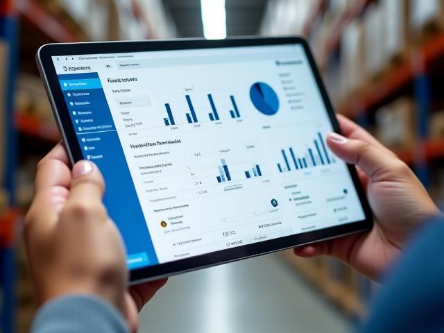 A sleek tablet displaying a modern Warehouse Management System dashboard with real-time graphs and inventory analytics.